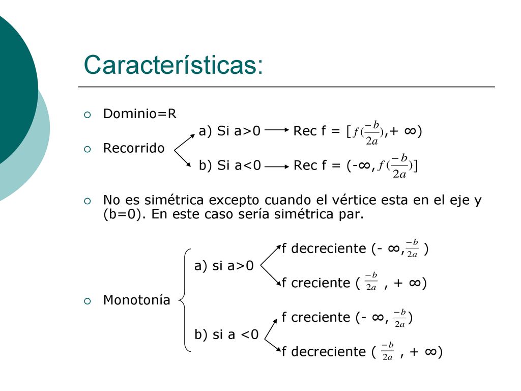 Características: Dominio=R a) Si a>0 Rec f = [ ,+ ∞) Recorrido