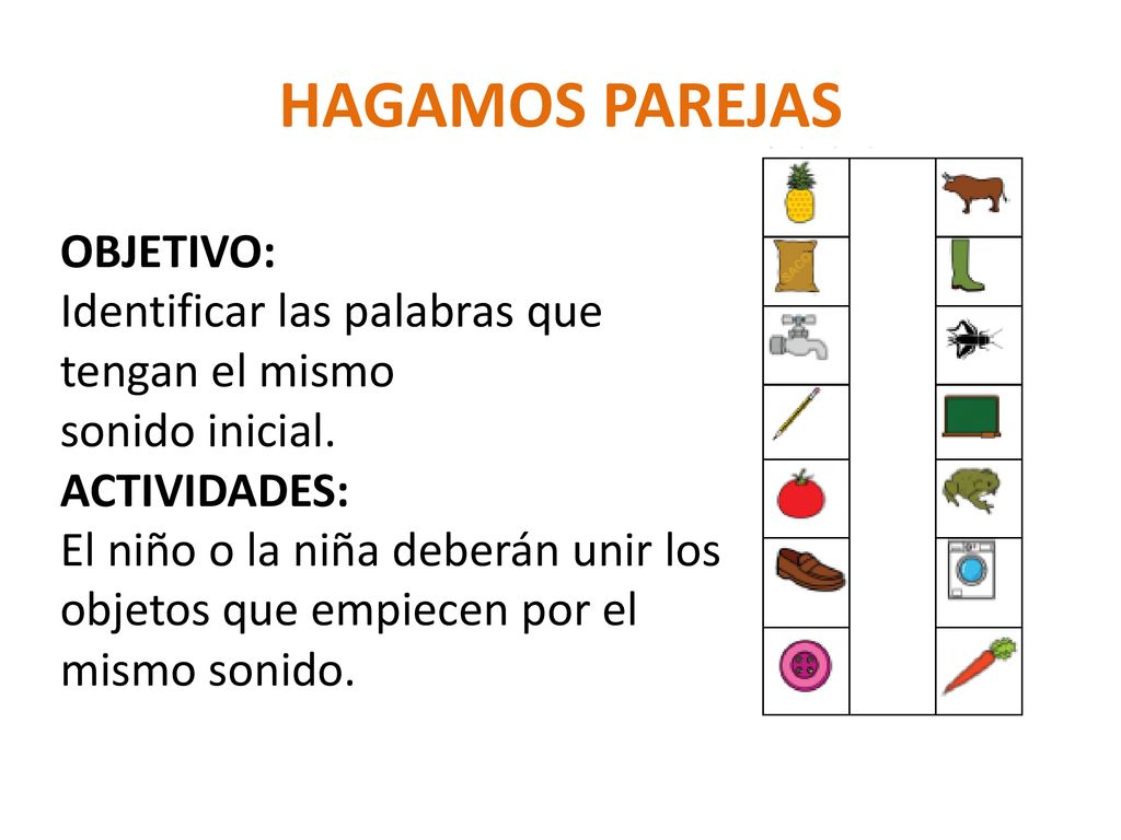 HAGAMOS PAREJAS OBJETIVO: Identificar las palabras que tengan el mismo