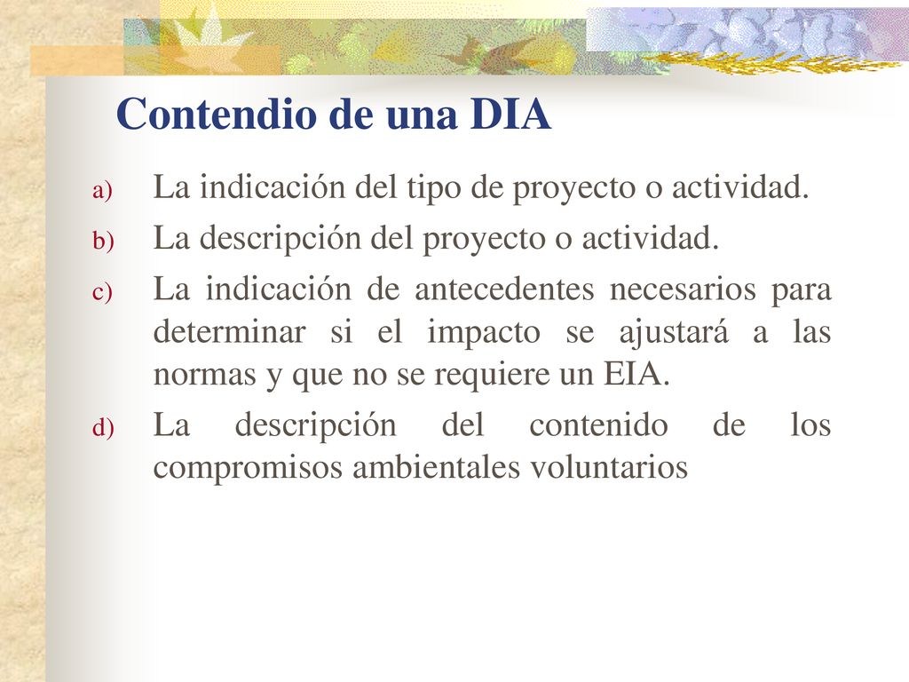 Contendio de una DIA La indicación del tipo de proyecto o actividad.