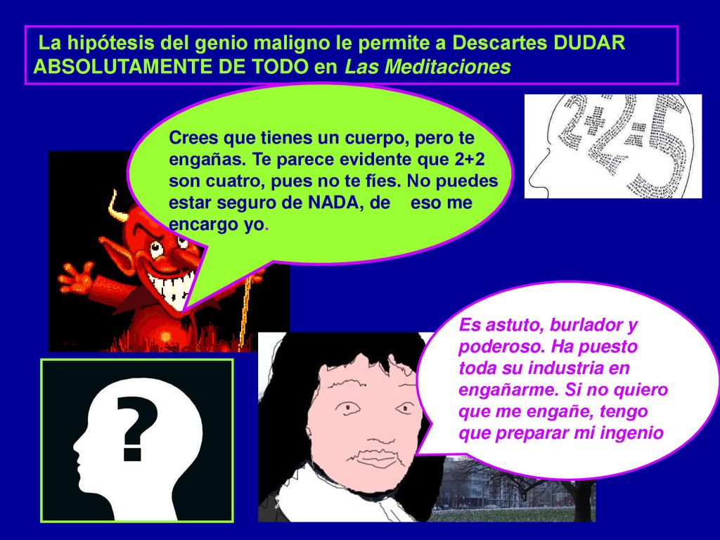 La hipótesis del genio maligno le permite a Descartes DUDAR ABSOLUTAMENTE DE TODO en Las Meditaciones