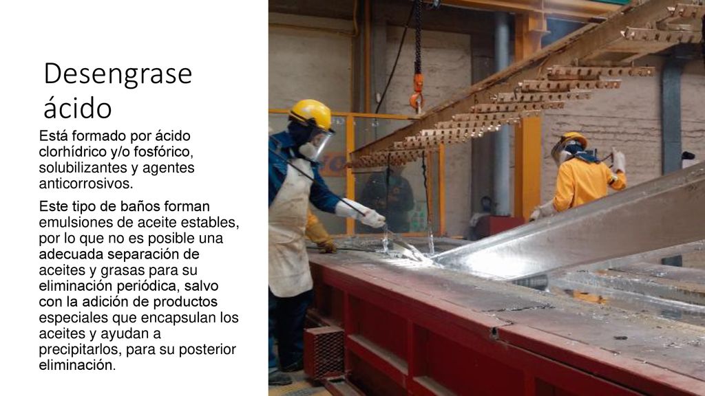Desengrase ácido Está formado por ácido clorhídrico y/o fosfórico, solubilizantes y agentes anticorrosivos.