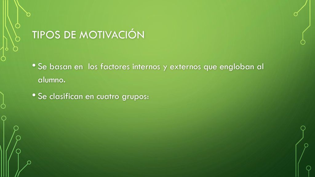 tipos de motivación Se basan en los factores internos y externos que engloban al alumno.