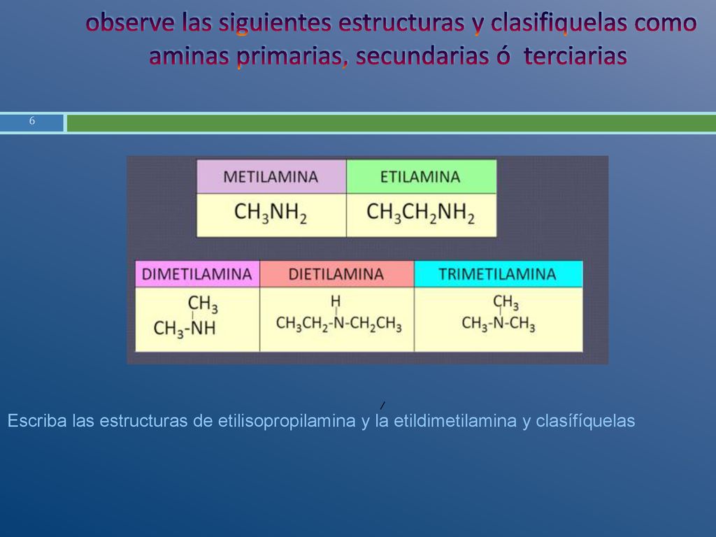 observe las siguientes estructuras y clasifiquelas como aminas primarias, secundarias ó terciarias