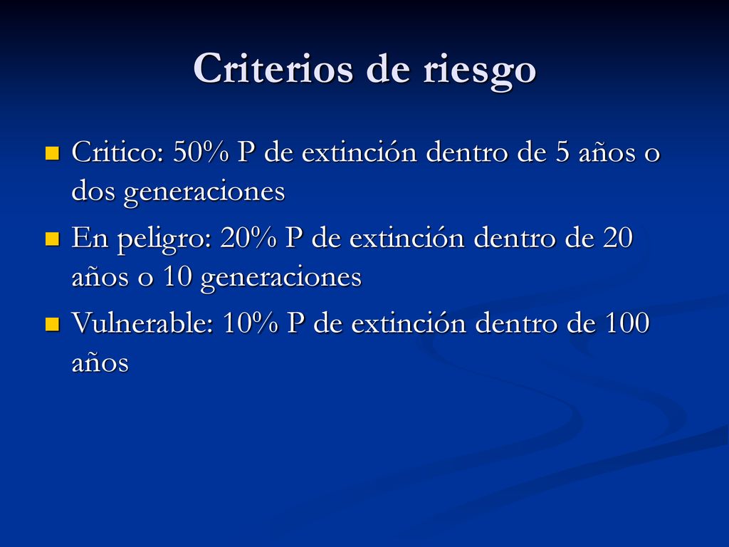Criterios de riesgo Critico: 50% P de extinción dentro de 5 años o dos generaciones.