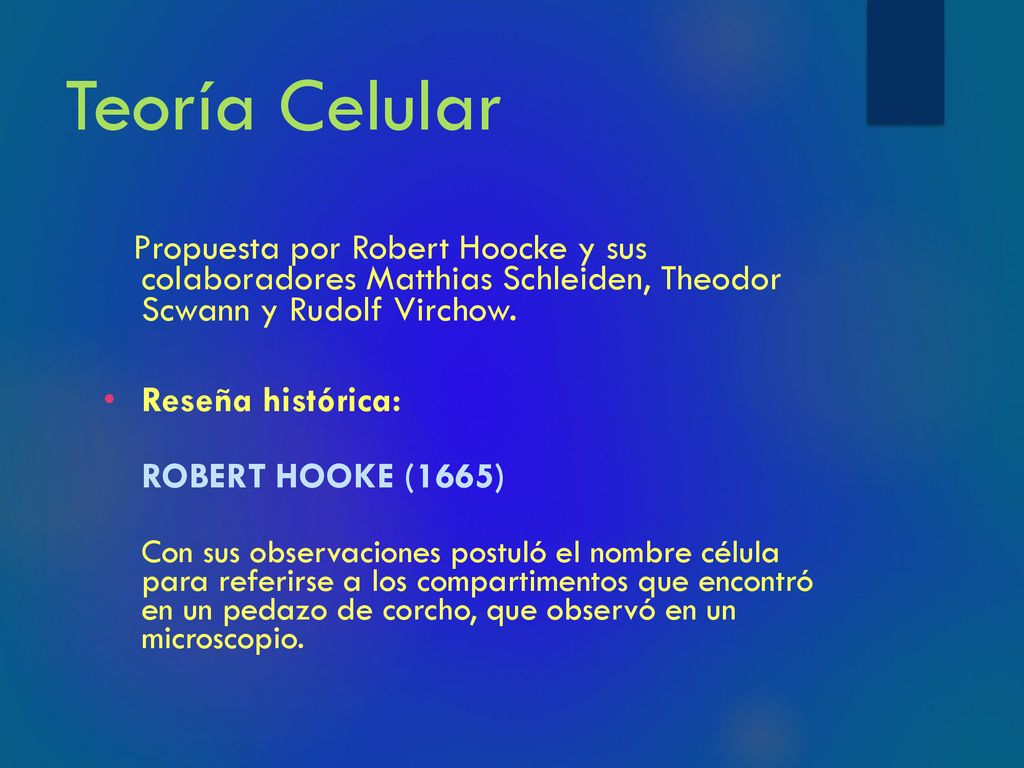 Teoría Celular Propuesta por Robert Hoocke y sus colaboradores Matthias Schleiden, Theodor Scwann y Rudolf Virchow.