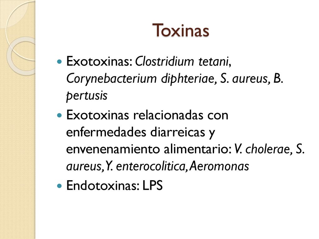 Toxinas Exotoxinas: Clostridium tetani, Corynebacterium diphteriae, S. aureus, B. pertusis.