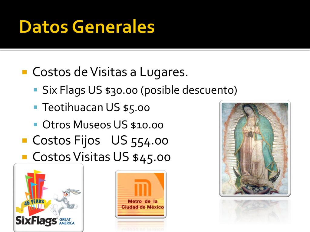 Datos Generales Costos de Visitas a Lugares. Costos Fijos US