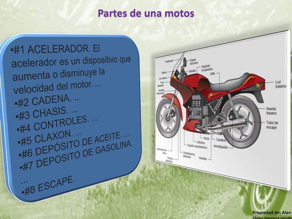 Partes de una motos #1 ACELERADOR. El acelerador es un dispositivo que aumenta o disminuye la velocidad del motor. ...