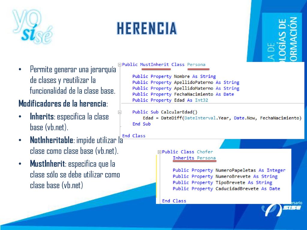 HERENCIA Permite generar una jerarquía de clases y reutilizar la funcionalidad de la clase base. Modificadores de la herencia: