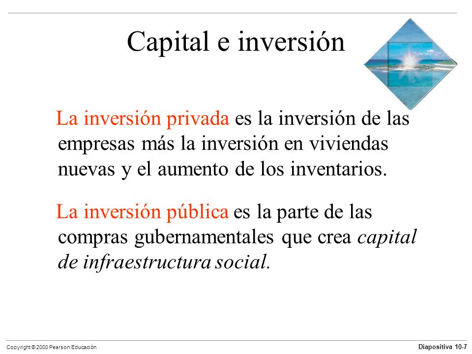 Capital e inversión La inversión privada es la inversión de las empresas más la inversión en viviendas nuevas y el aumento de los inventarios.