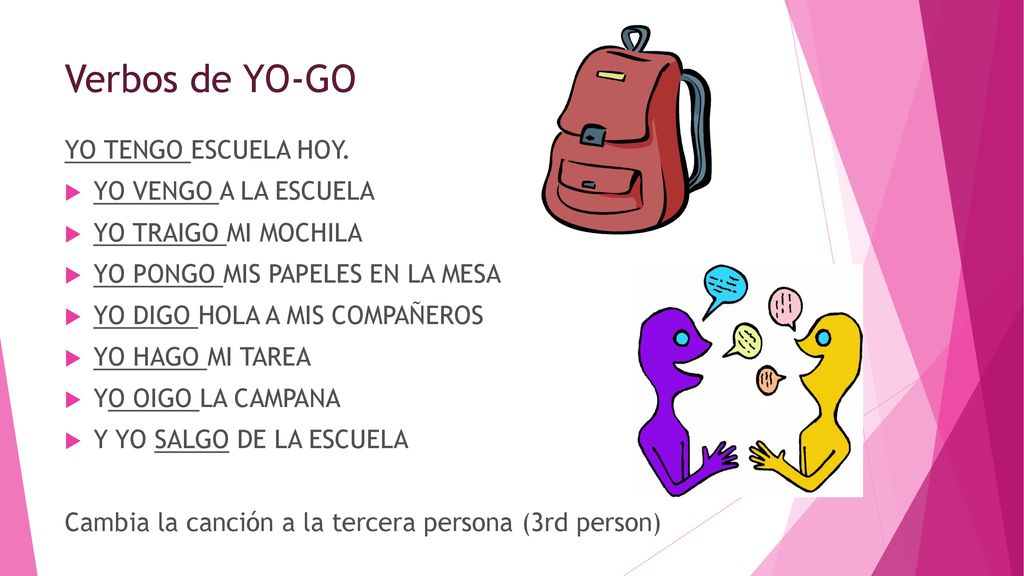Verbos de YO-GO YO TENGO ESCUELA HOY. YO VENGO A LA ESCUELA