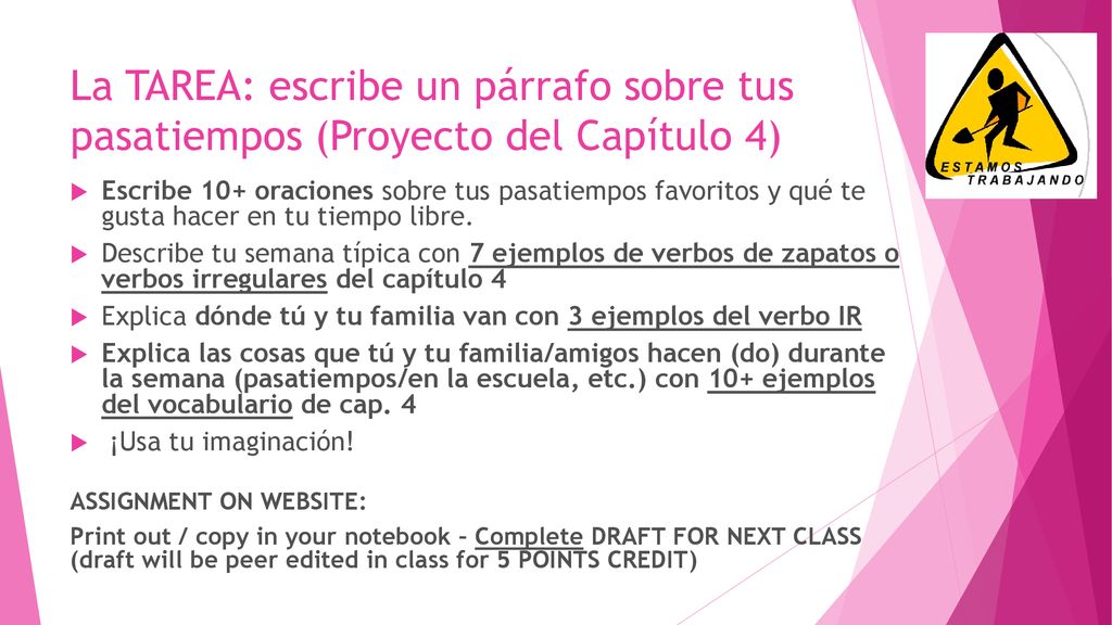 La TAREA: escribe un párrafo sobre tus pasatiempos (Proyecto del Capítulo 4)