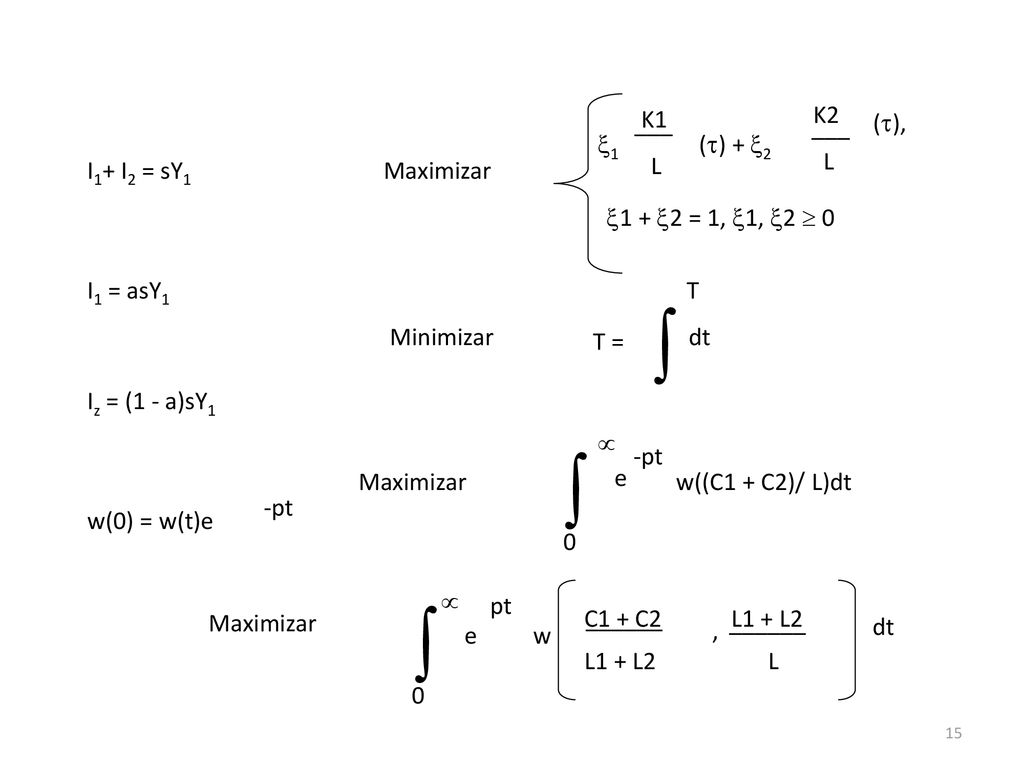    1 K1 L ___ () + 2 K2 (), 1 + 2 = 1, 1, 2  0 Maximizar