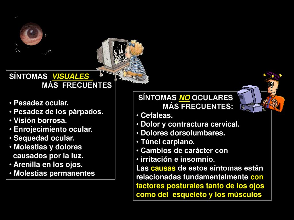 SÍNTOMAS VISUALES MÁS FRECUENTES. Pesadez ocular. Pesadez de los párpados. Visión borrosa. Enrojecimiento ocular.