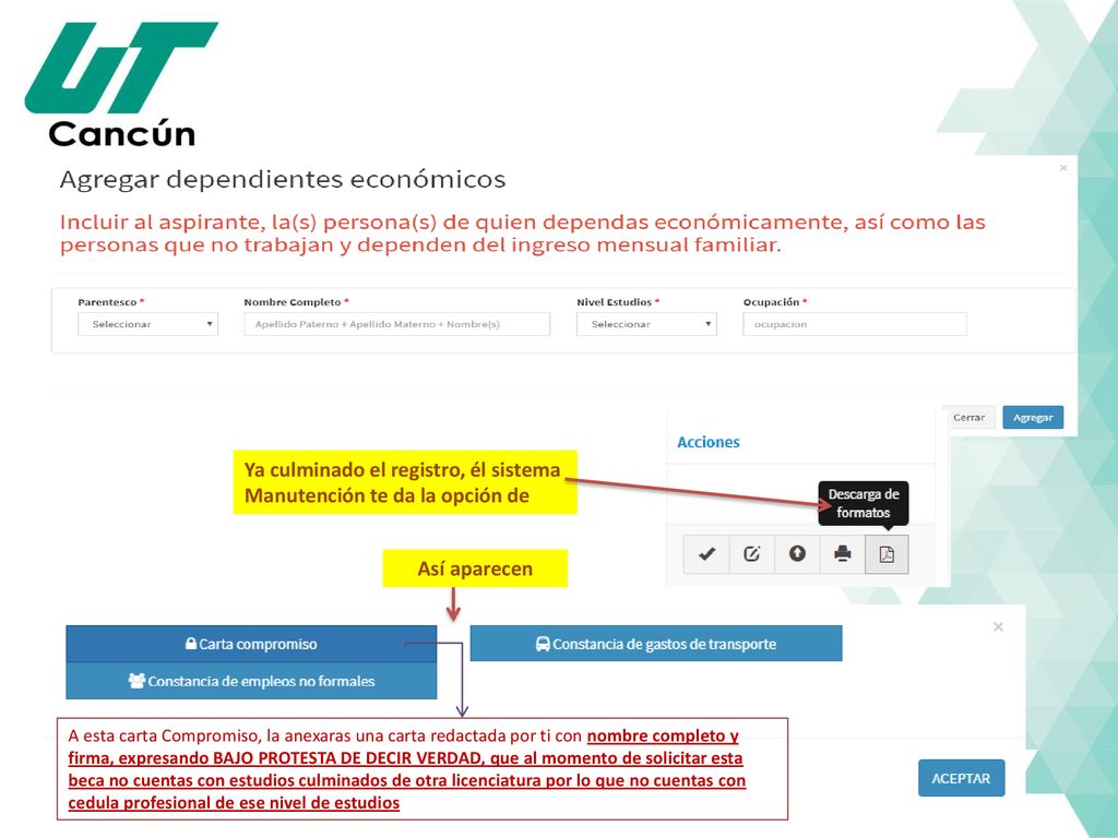 Ya culminado el registro, él sistema Manutención te da la opción de
