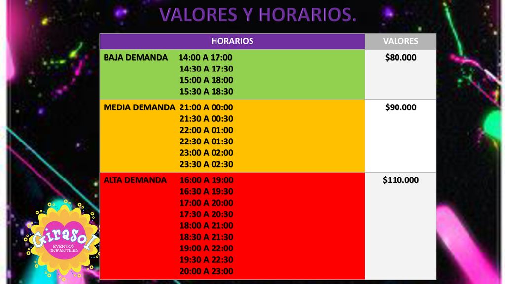 VALORES Y HORARIOS. HORARIOS VALORES BAJA DEMANDA 14:00 A 17:00