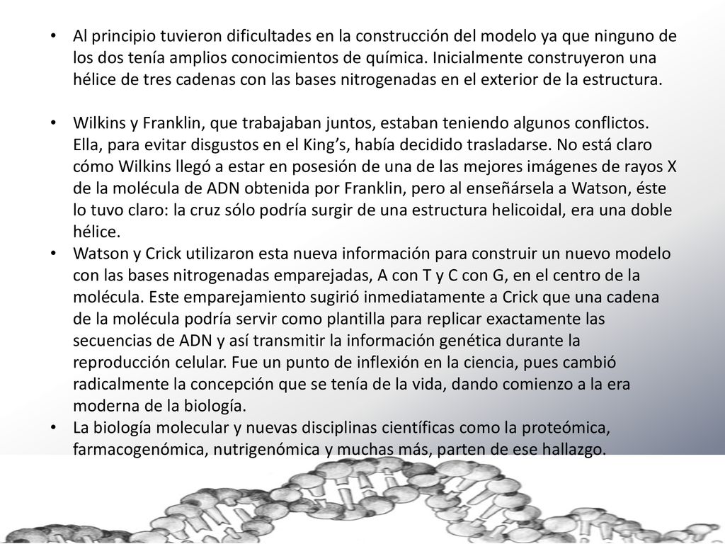 Al principio tuvieron dificultades en la construcción del modelo ya que ninguno de los dos tenía amplios conocimientos de química. Inicialmente construyeron una hélice de tres cadenas con las bases nitrogenadas en el exterior de la estructura.