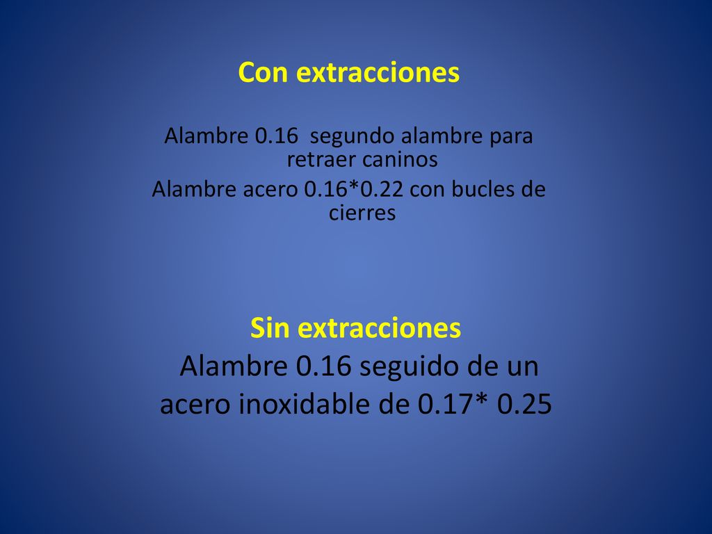 Con extracciones Alambre 0.16 segundo alambre para retraer caninos. Alambre acero 0.16*0.22 con bucles de cierres.