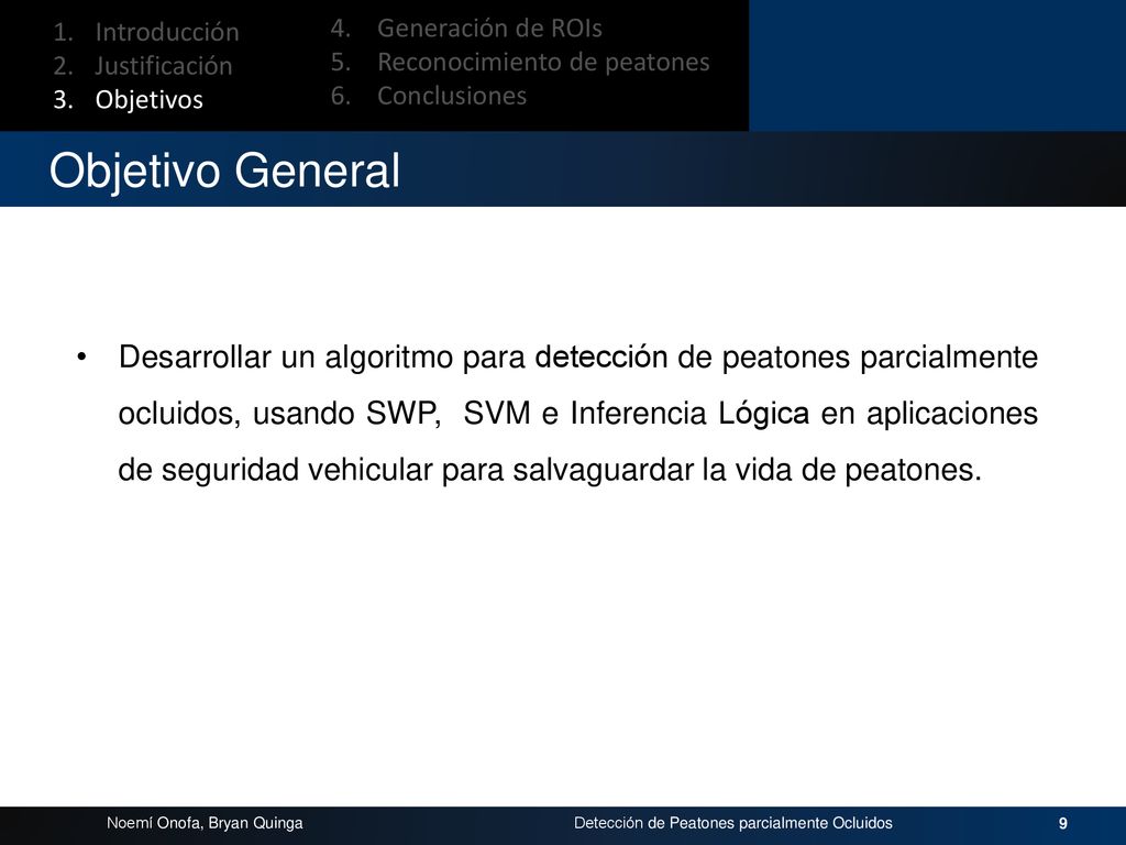 Introducción Justificación. Objetivos. 4. Generación de ROIs. 5. Reconocimiento de peatones.