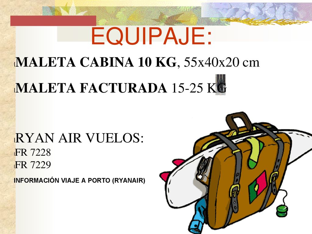 EQUIPAJE: MALETA CABINA 10 KG, 55x40x20 cm MALETA FACTURADA KG