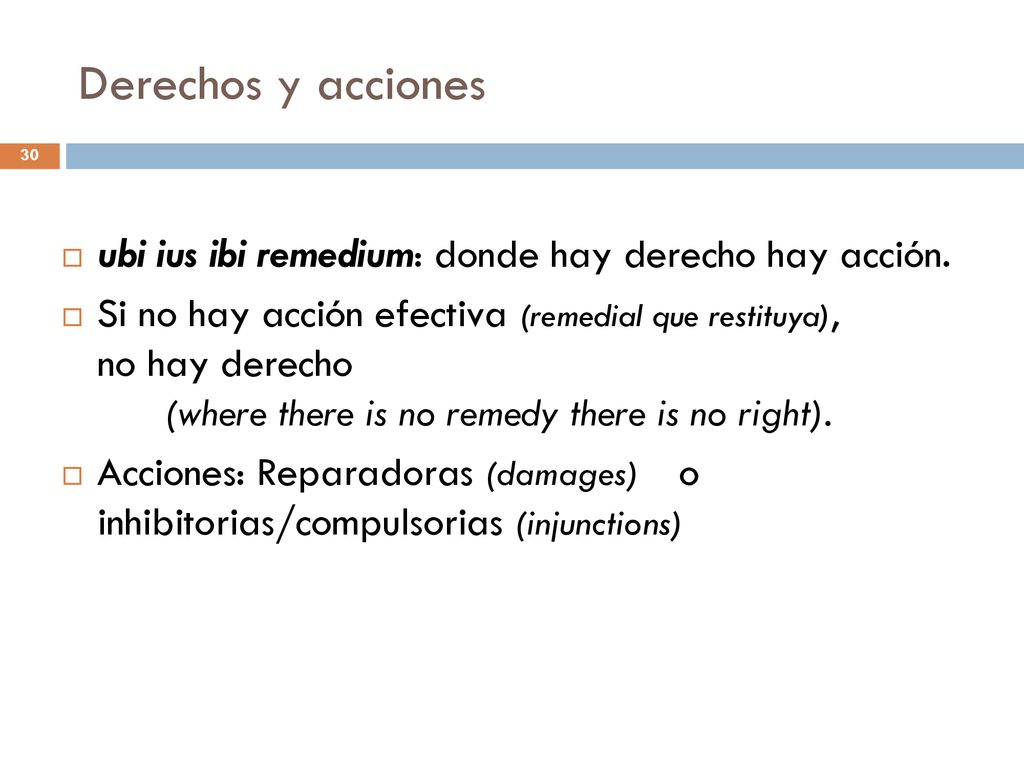 Derechos y acciones ubi ius ibi remedium: donde hay derecho hay acción.