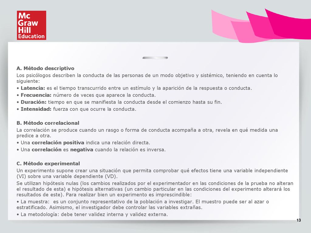 A. Método descriptivo Los psicólogos describen la conducta de las personas de un modo objetivo y sistémico, teniendo en cuenta lo siguiente: