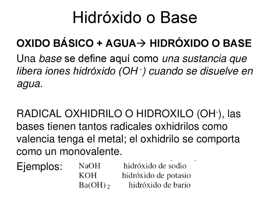 Hidróxido o Base OXIDO BÁSICO + AGUA HIDRÓXIDO O BASE