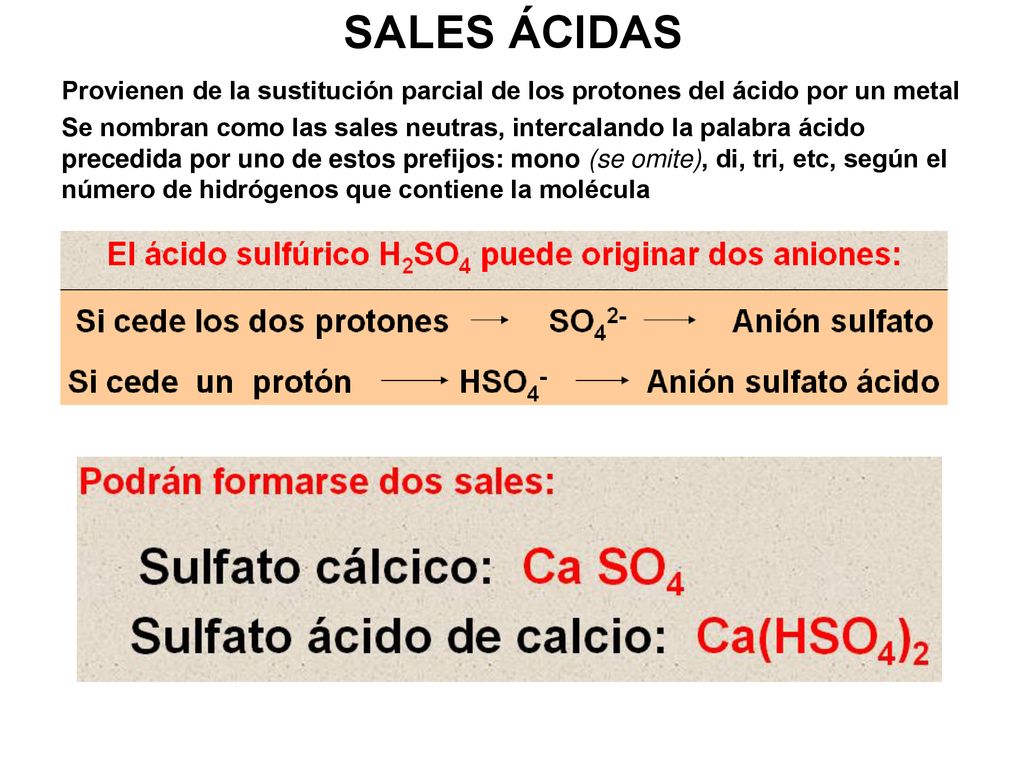 SALES ÁCIDAS Provienen de la sustitución parcial de los protones del ácido por un metal.