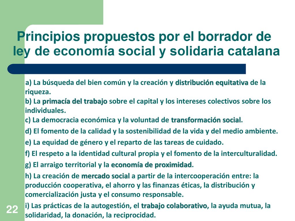 Principios propuestos por el borrador de ley de economía social y solidaria catalana