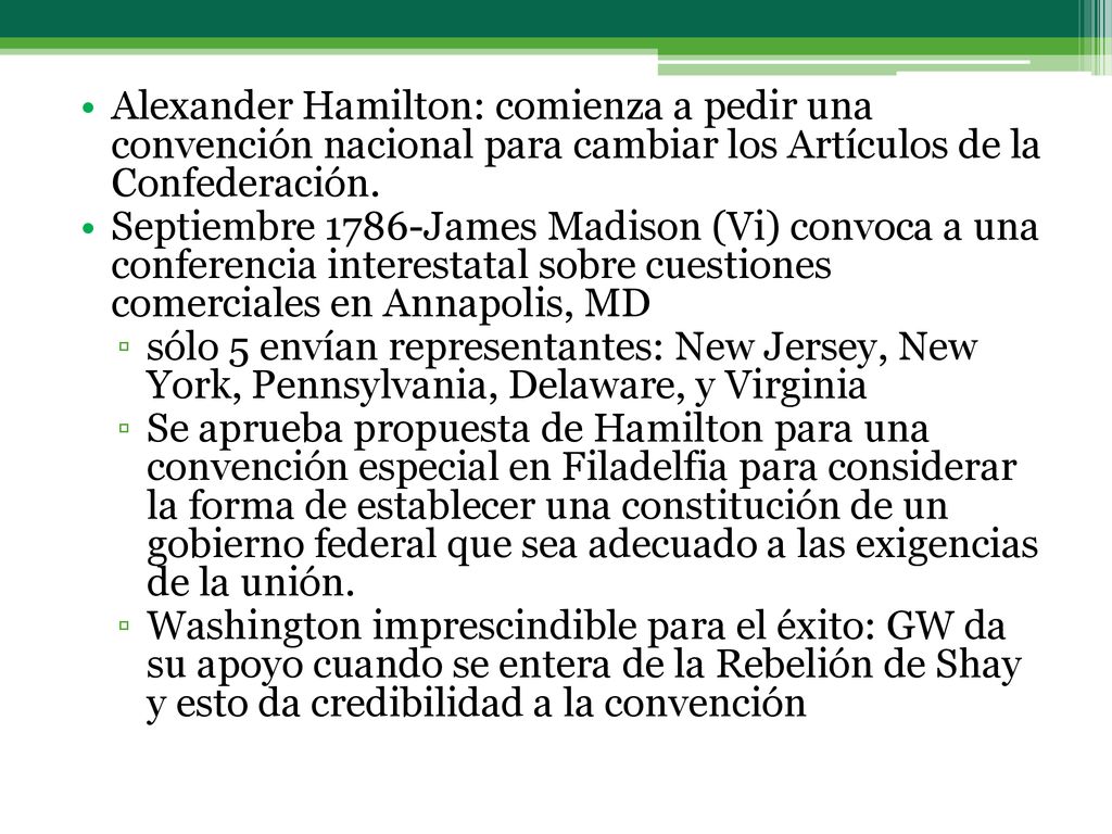 Alexander Hamilton: comienza a pedir una convención nacional para cambiar los Artículos de la Confederación.