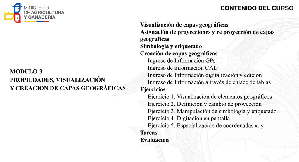 CONTENIDO DEL CURSO Visualización de capas geográficas. Asignación de proyecciones y re proyección de capas geográficas.