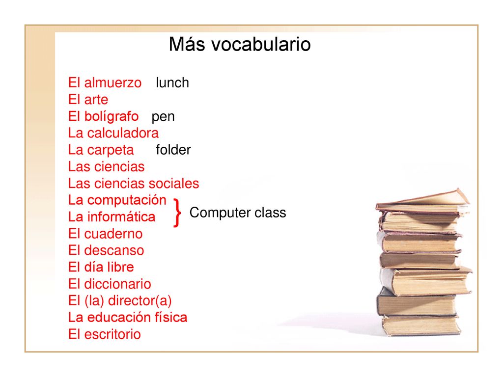 } Más vocabulario El almuerzo El arte El bolígrafo La calculadora
