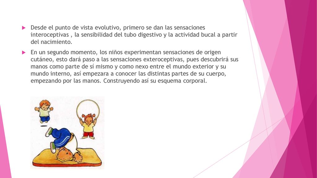 Desde el punto de vista evolutivo, primero se dan las sensaciones interoceptivas , la sensibilidad del tubo digestivo y la actividad bucal a partir del nacimiento.