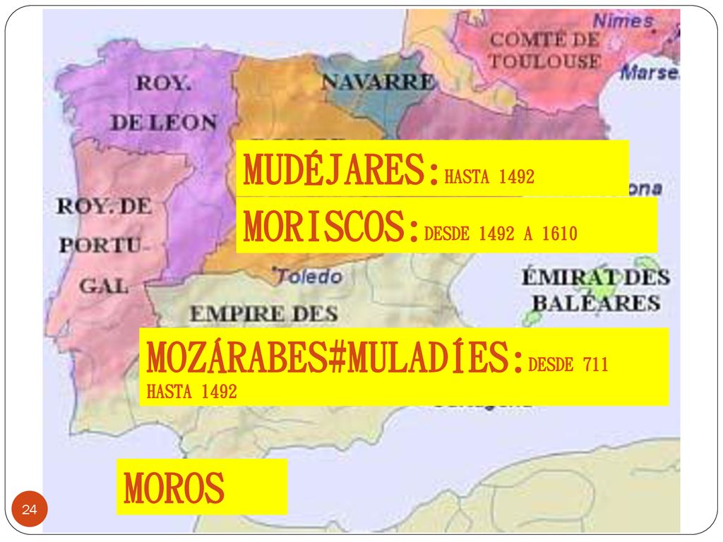 MUDÉJARES:HASTA 1492 MORISCOS:DESDE 1492 A 1610 MOZÁRABES#MULADÍES:DESDE 711 HASTA 1492 MOROS