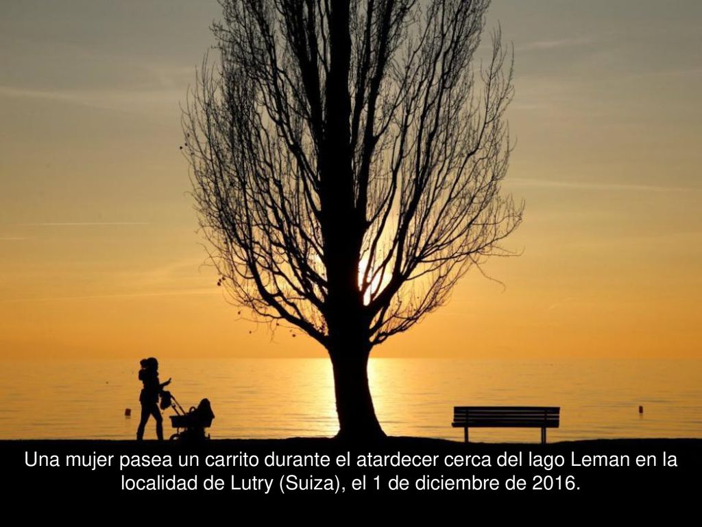 Una mujer pasea un carrito durante el atardecer cerca del lago Leman en la localidad de Lutry (Suiza), el 1 de diciembre de 2016.