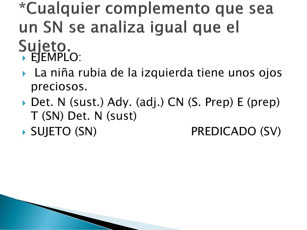 *Cualquier complemento que sea un SN se analiza igual que el Sujeto.