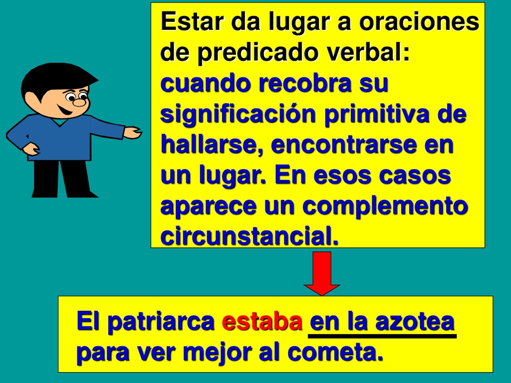 Estar da lugar a oraciones de predicado verbal: cuando recobra su significación primitiva de hallarse, encontrarse en un lugar. En esos casos aparece un complemento circunstancial.