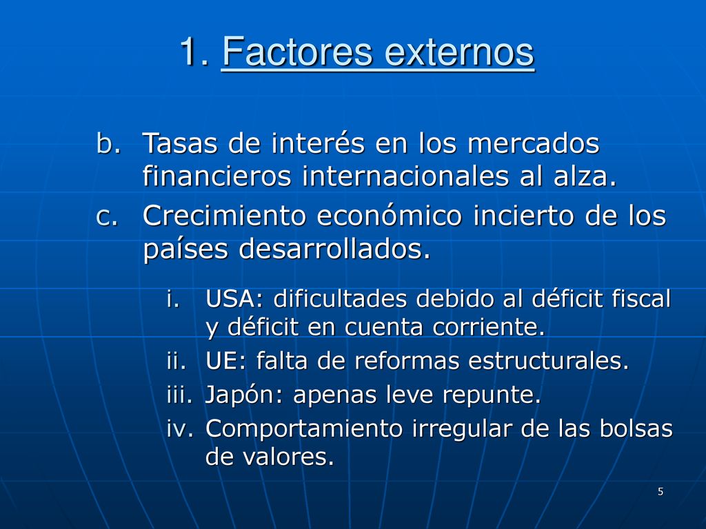 1. Factores externos Tasas de interés en los mercados financieros internacionales al alza.