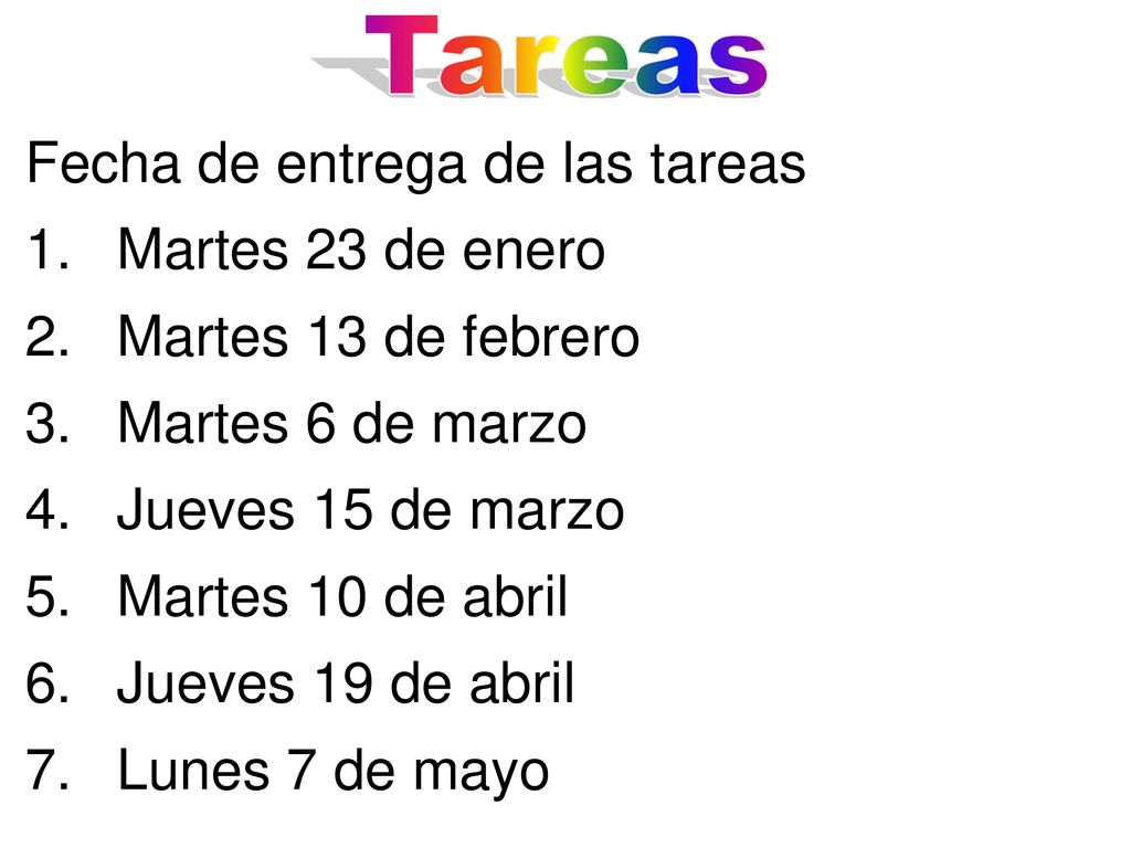 Tareas Fecha de entrega de las tareas. Martes 23 de enero. Martes 13 de febrero. Martes 6 de marzo.