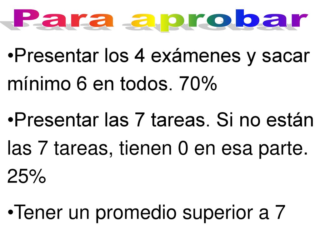 Presentar los 4 exámenes y sacar mínimo 6 en todos. 70%