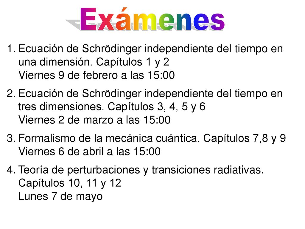 Exámenes Ecuación de Schrödinger independiente del tiempo en una dimensión. Capítulos 1 y 2 Viernes 9 de febrero a las 15:00.
