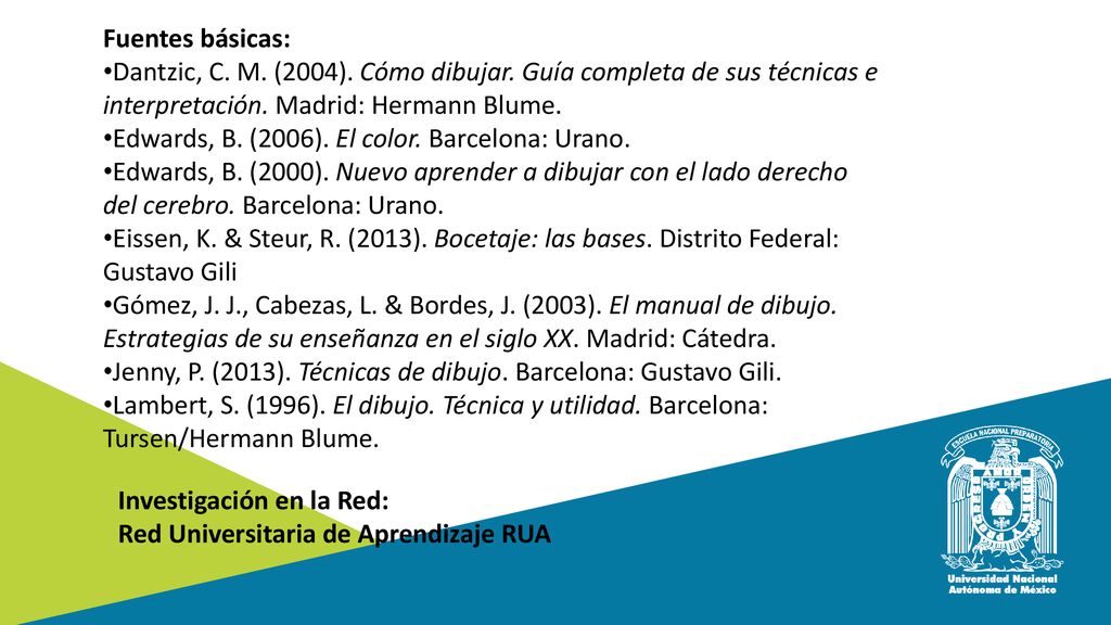Fuentes básicas: Dantzic, C. M. (2004). Cómo dibujar. Guía completa de sus técnicas e interpretación. Madrid: Hermann Blume.