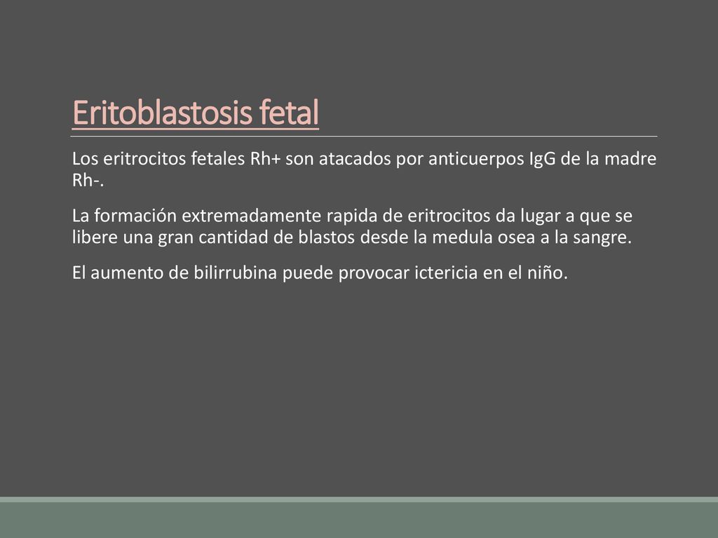 Eritoblastosis fetal Los eritrocitos fetales Rh+ son atacados por anticuerpos IgG de la madre Rh-.