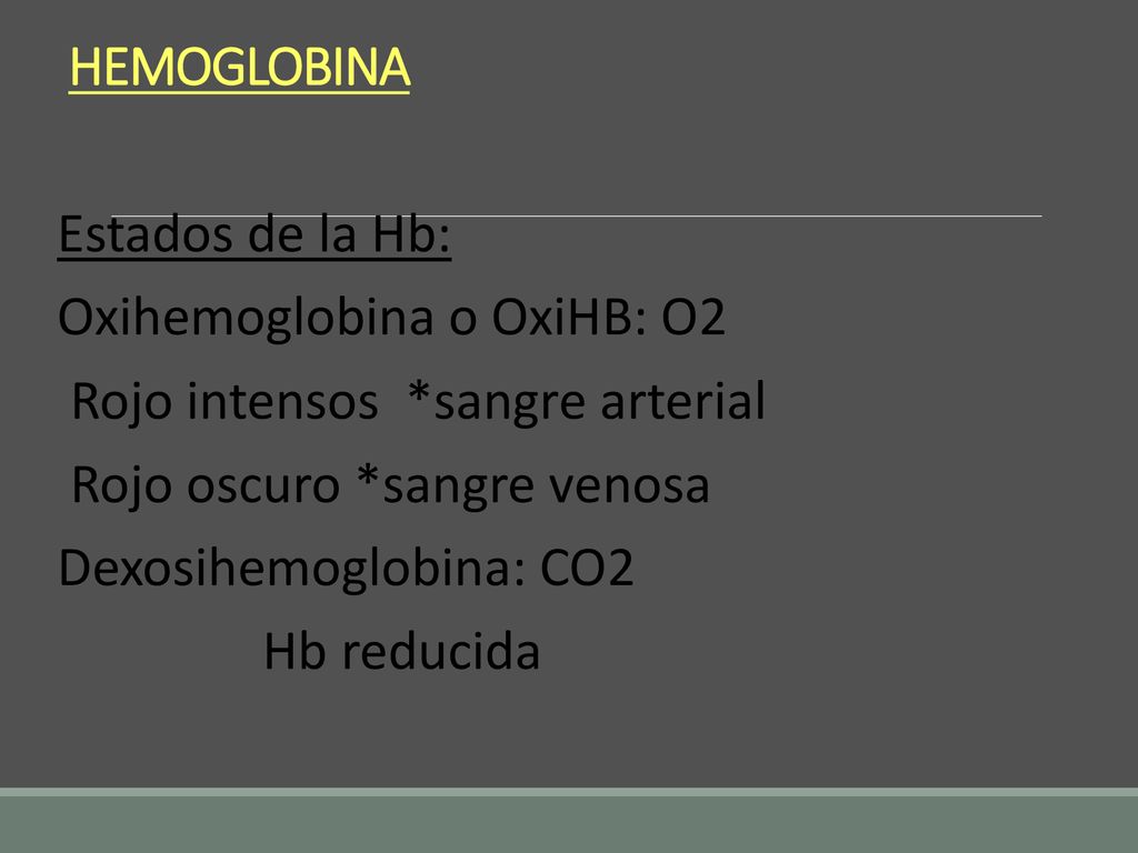 HEMOGLOBINA Estados de la Hb: Oxihemoglobina o OxiHB: O2. Rojo intensos *sangre arterial. Rojo oscuro *sangre venosa.