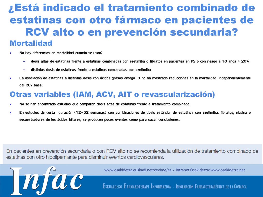 ¿Está indicado el tratamiento combinado de estatinas con otro fármaco en pacientes de RCV alto o en prevención secundaria