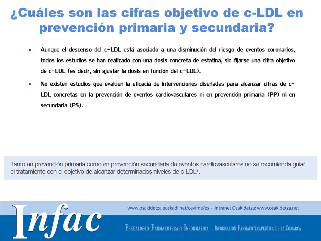 ¿Cuáles son las cifras objetivo de c-LDL en prevención primaria y secundaria
