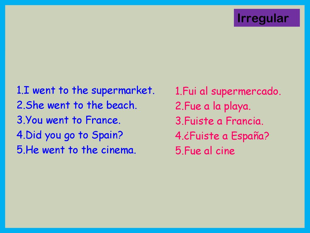 Irregular I went to the supermarket. Fui al supermercado.
