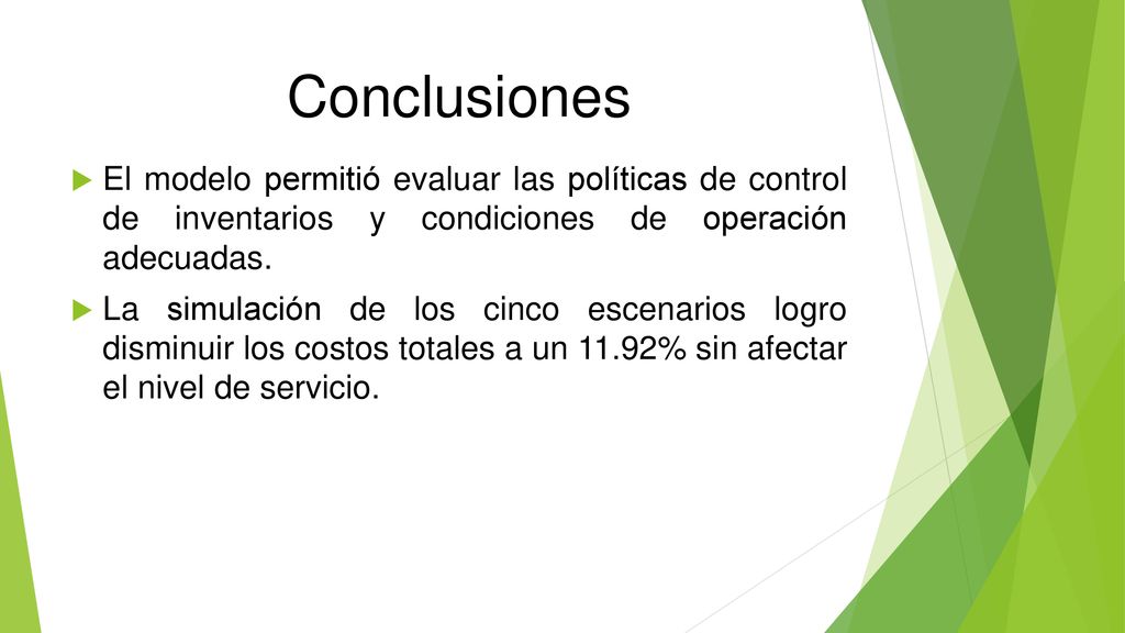 Conclusiones El modelo permitió evaluar las políticas de control de inventarios y condiciones de operación adecuadas.