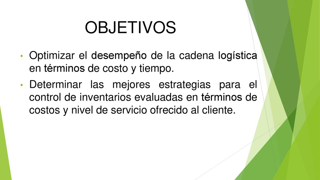 OBJETIVOS Optimizar el desempeño de la cadena logística en términos de costo y tiempo.
