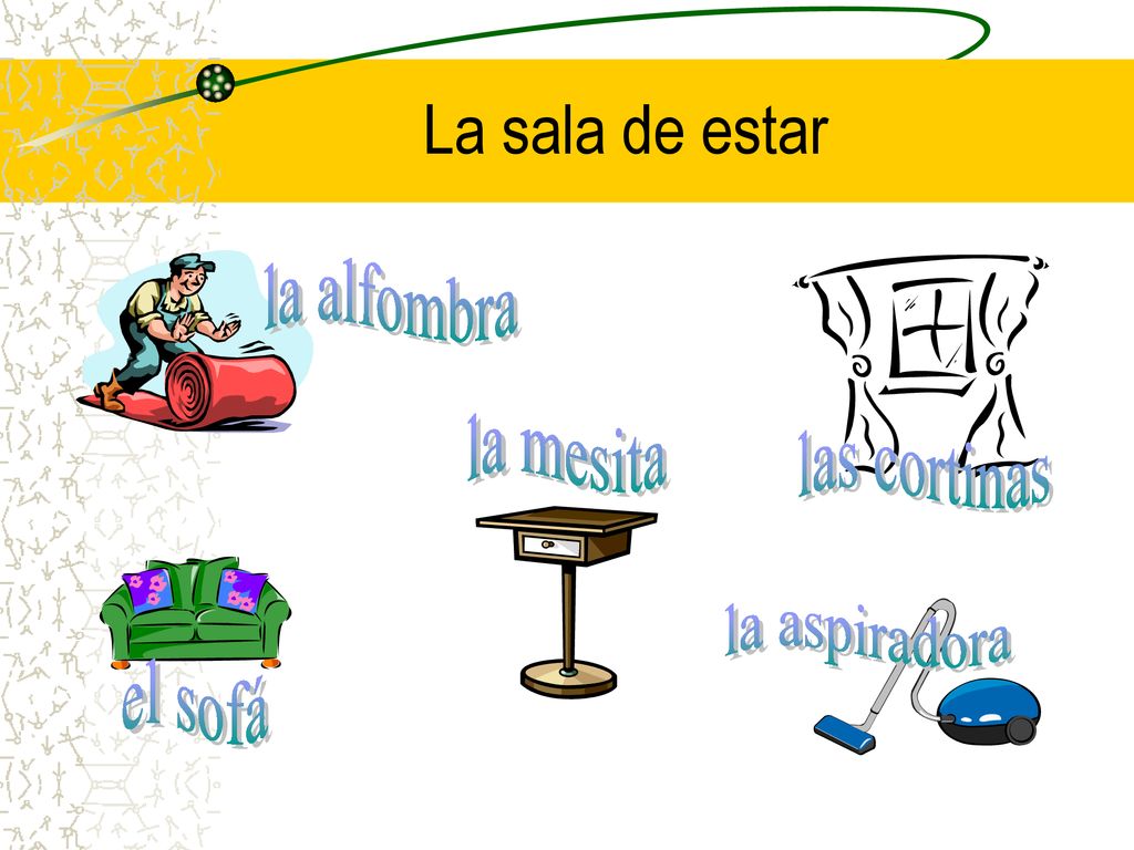 La sala de estar la alfombra la mesita las cortinas la aspiradora